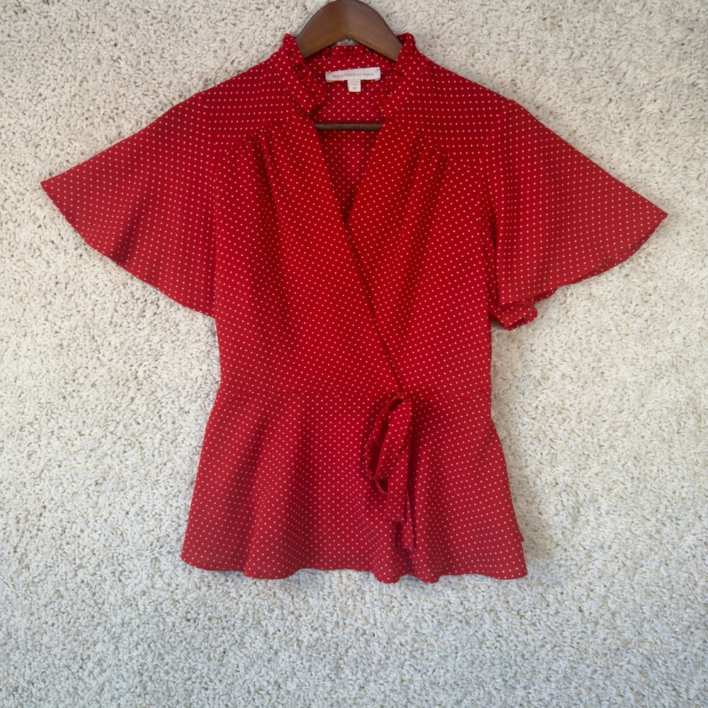 Monteau Los Angeles Faux Wrap Top Womens M Red Polka Dot Flutter Sleeve Peplum